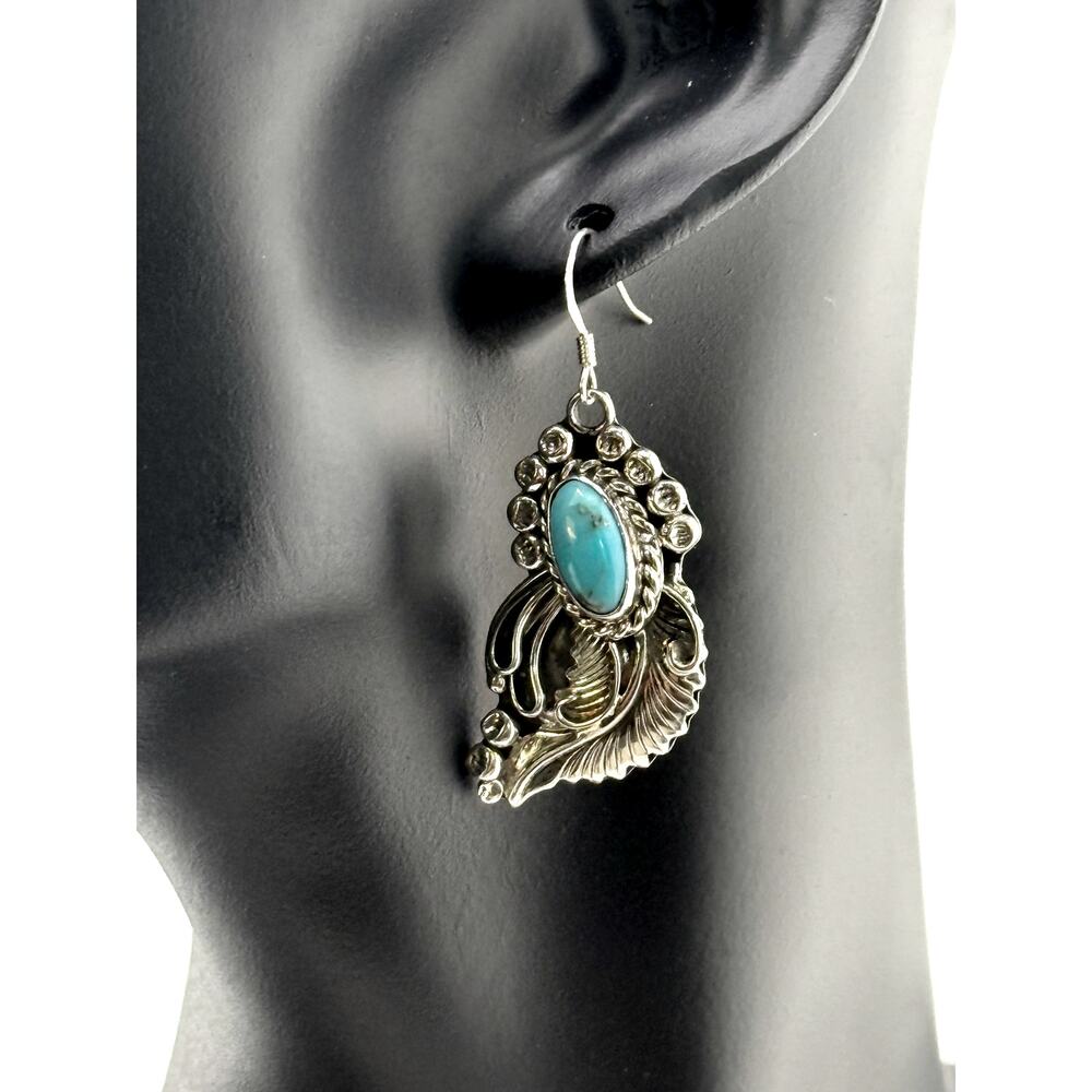 Running Bear Turquoise Cabochon Ornate Dangle Earrings